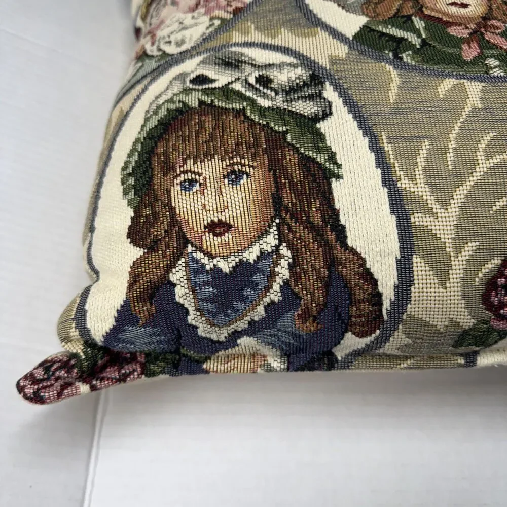 VTG Dakotah Victorian Tapestry Doll Bolster Bed Throw Pillow Cottage Core 16x16”